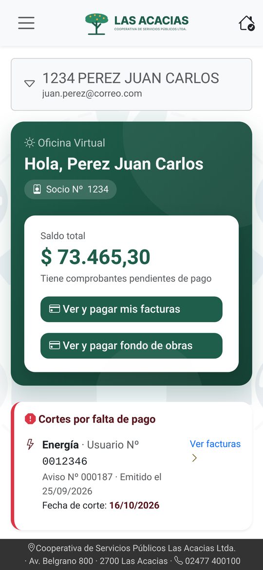 Pantalla de inicio con el saldo actualizado después del pago